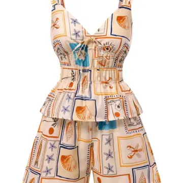 Cream Maritime Print Two-Piece Set with Smocked Peplum Top and Wide-Leg Shorts