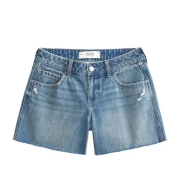 Medium-Wash Blue Denim Shorts with High-Rise and Distressed Pockets
