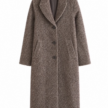 Brown Herringbone Longline Coat with Notch Lapel