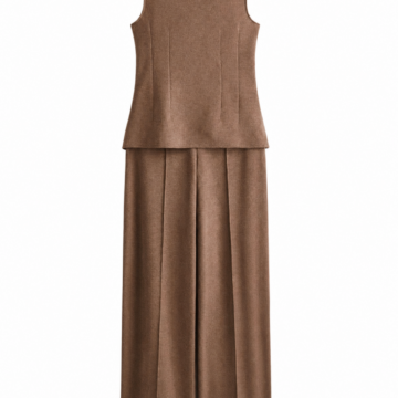 Solid Brown Two-Piece Set with Sleeveless Mock-Neck Top and Wide-Leg Pleated Trousers