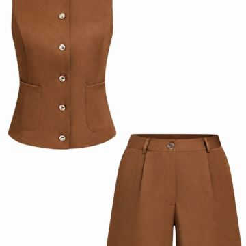 Brown Button-Front Vest and High-Waisted Shorts Set