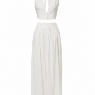 White Two-Piece Set with Halter Cropped Top and High-Waisted Flared Maxi Skirt