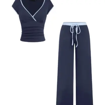 Dark Navy V-Neck Ruched Top and Wide-Leg Drawstring Pants Set with Contrast Piping