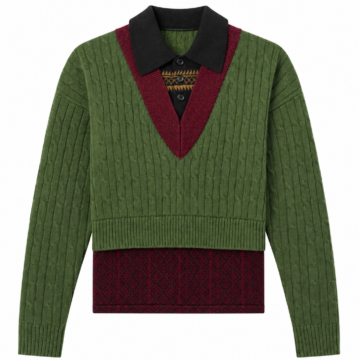 Olive Green Cable Knit V-Neck Sweater with Contrast Collar
