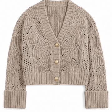 Beige Pointelle Knit Cropped Cardigan with Gold Buttons