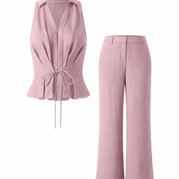 Dusty Rose Two-Piece Set with Sleeveless Tie-Front Peplum Top and Wide-Leg Pants