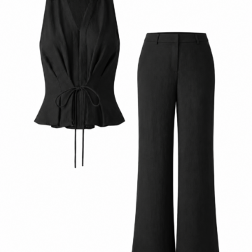 Black Sleeveless Collared Top and Wide-Leg Trousers Set