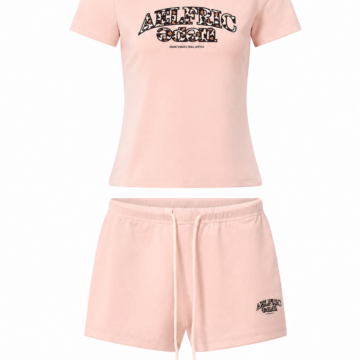 Light Pink Graphic Tee and Shorts Set with Animal Print Lettering