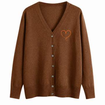 Brown V-Neck Cardigan with Heart Motif and Button Front
