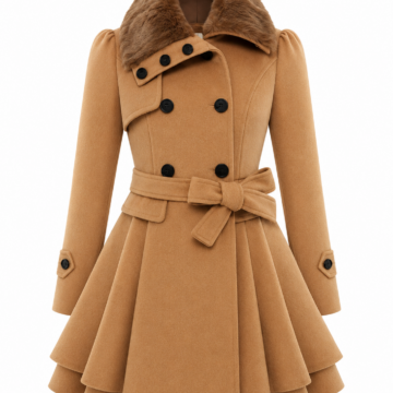 Camel Double-Breasted Belted Flared Coat with Faux Fur Collar