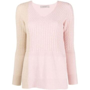 Pale Pink V-Neck Sweater with Ribbed Pattern and Color Block